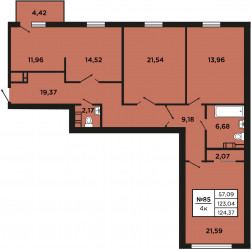 Трёхкомнатная квартира 124.37 м²